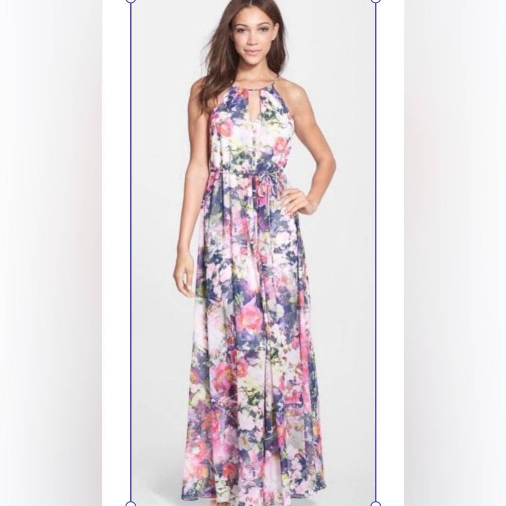 Pink Floral Print Halter Maxi Sundress